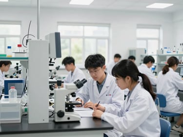 Students conducting experiments in a clean, well-lit science laboratory, modern equipment, natural daylight, clean modern campus, professional students, authentic academic setting, 35mm, sharp focus