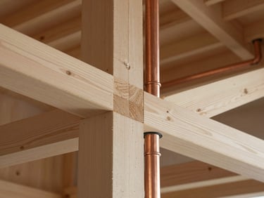 Close-up architectural shot of planed timber joints and copper pipes, natural cool Nordic light, sharp focus on raw building materials and clean lines.