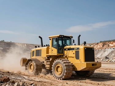 A yellow heavy-duty mining dozer operating in a wide open-pit copper mine under harsh daylight, dust clouds, expansive blue sky.