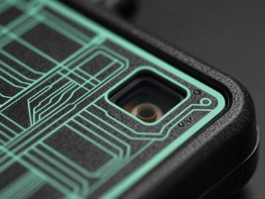 Macro close-up of a rugged handheld device showing a custom telemetry interface with crisp mint-green technical wireframe grids, low-key lighting