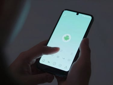 Macro over-the-shoulder shot of hands interacting with a custom Android launcher, showing a thumb comfortably reaching the bottom navigation bar, soft blue ambient glow