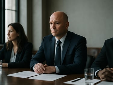 Wide shot of a panelist at a conference table, documentary daylight from tall windows on the left, other panelists partially visible, papers and water glasses on the table, focused atmosphere