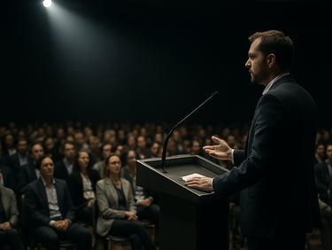 Wide conference hall from the side, a speaker at a podium under directed stage lighting, an attentive audience in rows behind, dark background, documentary framing