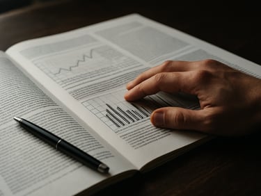 Detail shot of an open analytical publication on a desk, a journalist's hand resting on the page, pen beside it, natural window light from the left, dark wooden desk surface