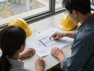 High-angle view of two engineers in a site office reviewing structural drawings pinned to a board, one pointing at a reinforcement detail, overcast natural light from a high window, hard hats resting on the table, site dust visible on the surface below the plans
