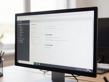 Close-up of a clean tech workspace showing a monitor with specialized accessible software, bright natural daylight, crisp details, clean tech photography