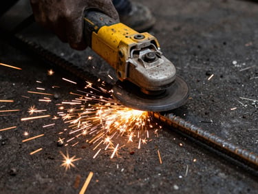 Tight macro shot of a safety-yellow angle grinder cutting through steel rebar, bright orange sparks showering across a dark industrial workshop floor, high contrast, gritty texture