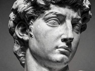 Moody black and white photo of a classical statue head with a single modern distortion, unsettling close-up, grainy film texture.