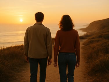 Two people walking side-by-side on a coastal path at sunset, seen from behind, soft natural lighting, rich earthy colors, unhurried atmosphere.