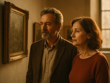 A mature man and woman looking at a painting in a quiet, sunlit art gallery, soft side lighting, focused and serene expressions.