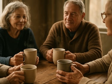 A small group of adults over 50 sharing a rustic wooden table, hands holding warm ceramic mugs, steam rising, soft overcast daylight, natural unposed expressions.
