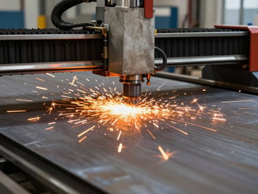 Heavy-duty CNC plasma cutting machine slicing through thick steel plate, bright orange sparks, industrial workshop environment.