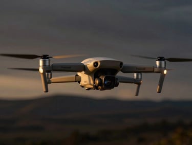 Professional drone (e.g., DJI Mavic) with a Freewell filter attached to its camera gimbal, golden hour light, expansive landscape.
