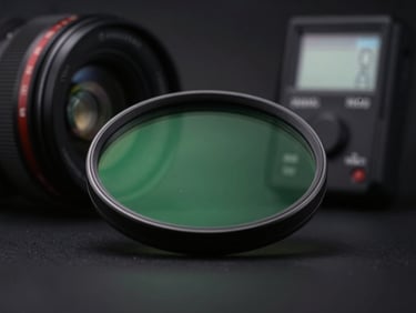 Close-up of a high-density ND filter, showing subtle green anti-reflective coating, with a blurred backdrop of a camera lens and a light meter, dramatic studio rim lighting, dark moody background, sharp macro details.