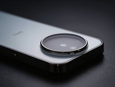 Close-up of a high-end smartphone with a Freewell mobile filter attached, showing subtle anti-reflective coating, dark background.