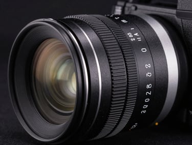 Close-up of a high-end cinema camera lens with a Freewell threaded ND filter attached, sharp focus on the knurled filter ring and lens markings, dramatic studio lighting, 85mm.