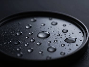 Macro shot of water droplets perfectly beading on a dark camera filter surface, showing high contact angle hydrophobic effect, low-key dramatic lighting, dark background