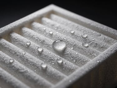 Extreme macro of water droplets beading on a Freewell filter surface, showing the hydrophobic effect, sharp focus on the water and glass, dark background, low-key premium product photography.