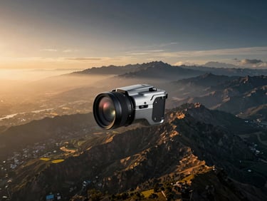 Aerial view of a dramatic Indian landscape (e.g., Himalayas or coastal) captured with a drone, showing clear, vibrant colors and controlled highlights, golden hour light, wide cinematic frame.