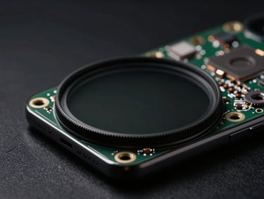 Close-up of a smartphone camera module with a Freewell magnetic ND filter attached, showing the precise alignment and slim profile, studio lighting, macro.