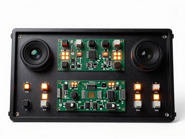 Symmetrical shot of a custom instrument panel with integrated microcontrollers, glowing indicators, matte black technical finish, pro-audio aesthetic