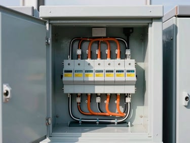 Crisp industrial photography of a modern electrical panel with organized wiring and safety markings, clean daylight, sharp focus on technical details, 35mm