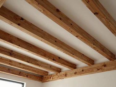 Architectural detail of a finished residential living room, exposed structural timber beams, natural diffused light