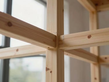 Detail shot of precise tile joints and clean timber framing inside a newly renovated modern home, natural diffused daylight.