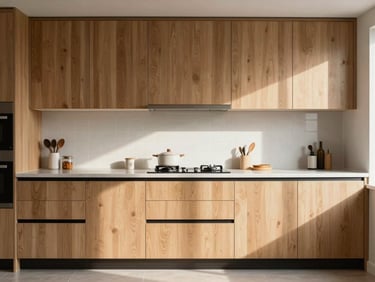 Sunlit interior of a modernized kitchen, precise tile joints, clean oak cabinetry, straight-on level shot