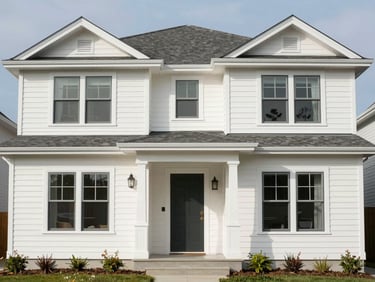 Straight-on architectural facade of a fully renovated modern craftsman home, clean siding, level framing, natural daylight