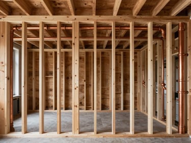 Straight-on architectural view of clean exposed timber framing and newly run copper plumbing inside a renovated residential wall under natural daylight.