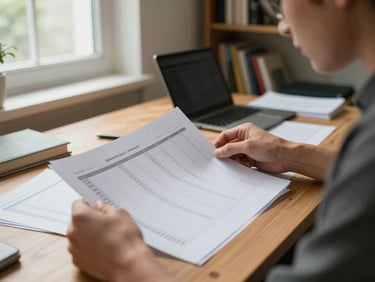 Environmental wide shot of the creator at a home office desk reviewing printed budget sheets, natural light entering from a side window, bookshelves softly visible behind, calm and focused atmosphere