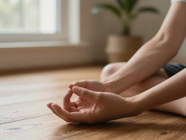 Close-up of hands resting in a meditation mudra position on a wooden floor, soft natural morning light from a low window, blurred meditation corner with a small plant visible behind, warm earthy tones