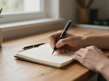 Creator's hands writing in a small notebook on a kitchen table, a pen resting beside it, natural light from a window, warm tones, everyday domestic setting