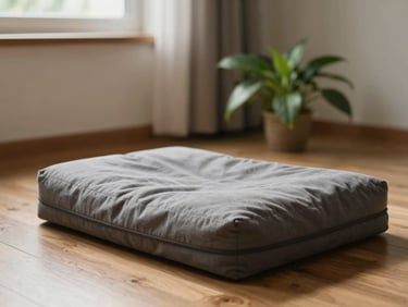 Close-up of a meditation cushion and a small plant on a wooden floor in a quiet home corner, soft morning light, no clutter, calm atmosphere