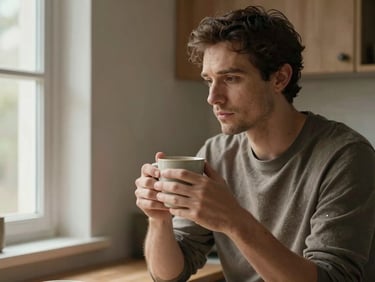 The creator in a calm domestic kitchen corner, holding a ceramic mug with both hands, looking slightly downward in quiet thought, soft natural light from a nearby window, warm earthy tones