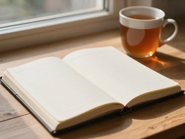Close-up of open notebook resting on a wooden surface, handwritten pages visible, a warm mug of tea beside it, soft natural morning light from a nearby window casting gentle shadows