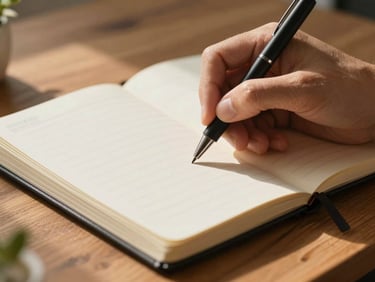 Close-up of a notebook open on a wooden desk, a hand writing slowly with a pen, warm afternoon light across the page, a small plant visible at the frame edge