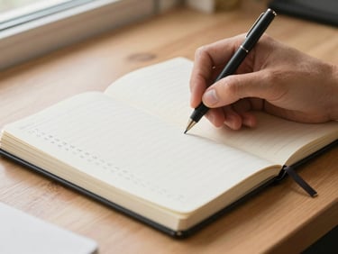 Close-up editorial frame, creator's hand writing in a personal finance notebook, columns of simple handwritten numbers visible, warm soft daylight from a nearby window, wooden desk surface, no phone or laptop in frame — focused and methodical