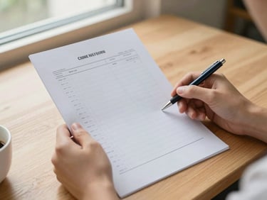 Hands holding a simple paper budget sheet and a pen on a light wooden table, natural daylight from a side window, a cup of coffee partially visible at the edge, calm domestic setting, warm soft tones