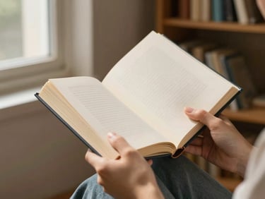 Creator's hands holding a softcover book open, reading in a calm home corner, warm diffused light from a side window, wooden shelf visible in background
