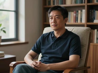 The creator seated in a home chair, speaking calmly toward a camera, soft daylight from a side window, bookshelves blurred in the background, warm interior tones