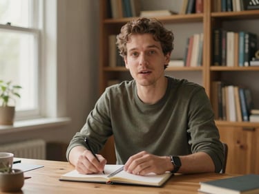 Environmental wide shot, creator seated at their home desk speaking directly to camera, warm natural window light, bookshelves visible in soft background, calm and unhurried expression, notebook open on desk — teaching posture, not performance