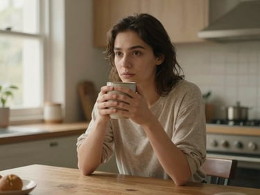 Creator sitting at a kitchen table with both hands wrapped around a ceramic mug, looking slightly off-camera with a calm expression, warm morning window light, simple domestic interior, earthy neutrals