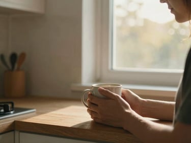 Environmental shot, creator in a calm domestic kitchen, hands wrapped around a warm mug, looking out a window with soft golden morning light, relaxed and grounded — no staging, no props beyond the mug, quiet domestic authenticity