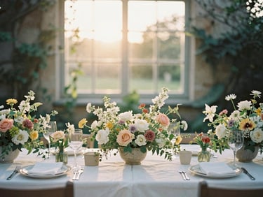 A beautiful outdoor garden setting with a long table decorated with simple, elegant wild floral arrangements, warm sunset glow