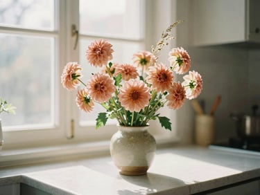 A beautiful arrangement of peach dahlias and wild grasses in a ceramic vase on a sunlit kitchen counter, warm editorial photography.