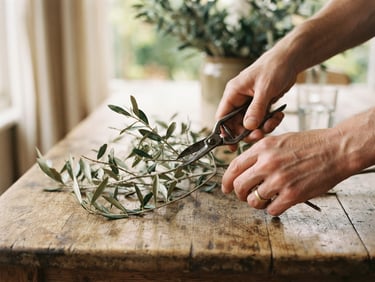 Close-up of hands gently trimming a wild olive branch on a rustic wooden table, soft morning window light, shallow depth of field, warm 35mm film