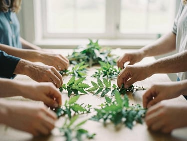 Close-up of diverse hands collaboratively arranging wild green foliage on a long table, soft natural window light
