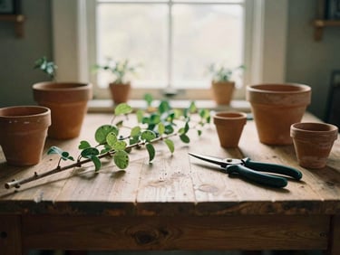 A rustic wooden workshop table laid out with wild branches, terracotta pots, and gardening shears, diffused golden hour light
